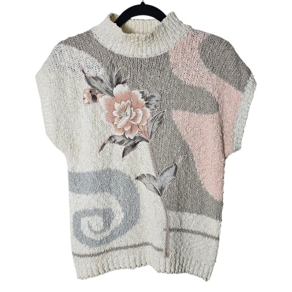Sweaters - VTG Shenanigans M Sweater Vest Ivory Pink‎ Floral Beaded 80s 90s Cottage Grandma